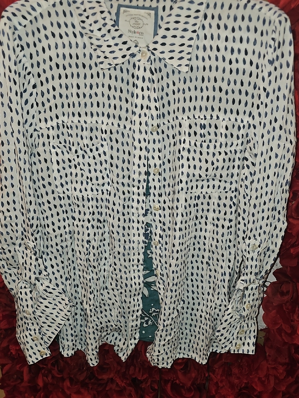 Style & Co. White Button-Down Shirt with Navy Teardrop Print & Green Floral PM
